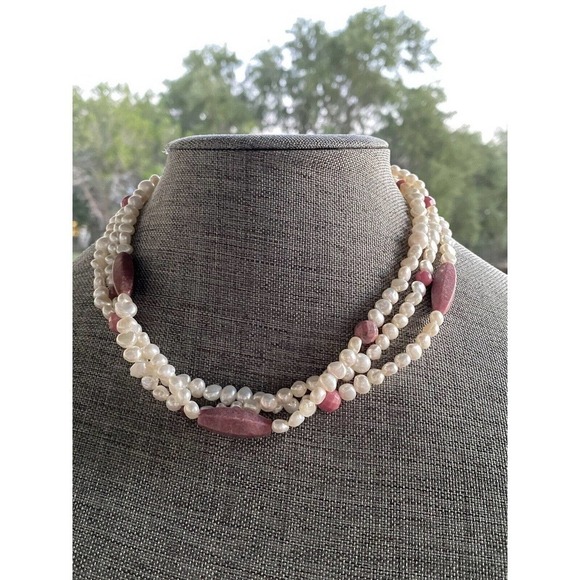 Necklace Pearls Rhodonite Three Strands 17”+3” 925 Findings Artisan - Picture 1 of 12
